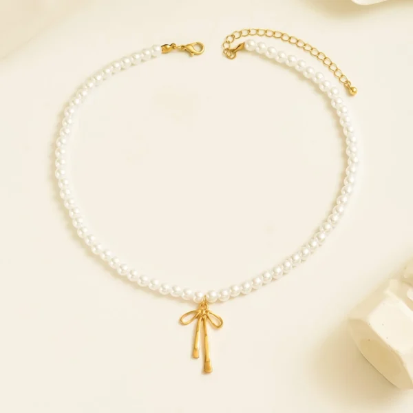 French Retro Bow Pearl Necklace (18k Gold Plated) - Image 4
