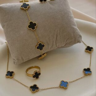 5 Clover Jewellery Set Black (18k Gold Plated)