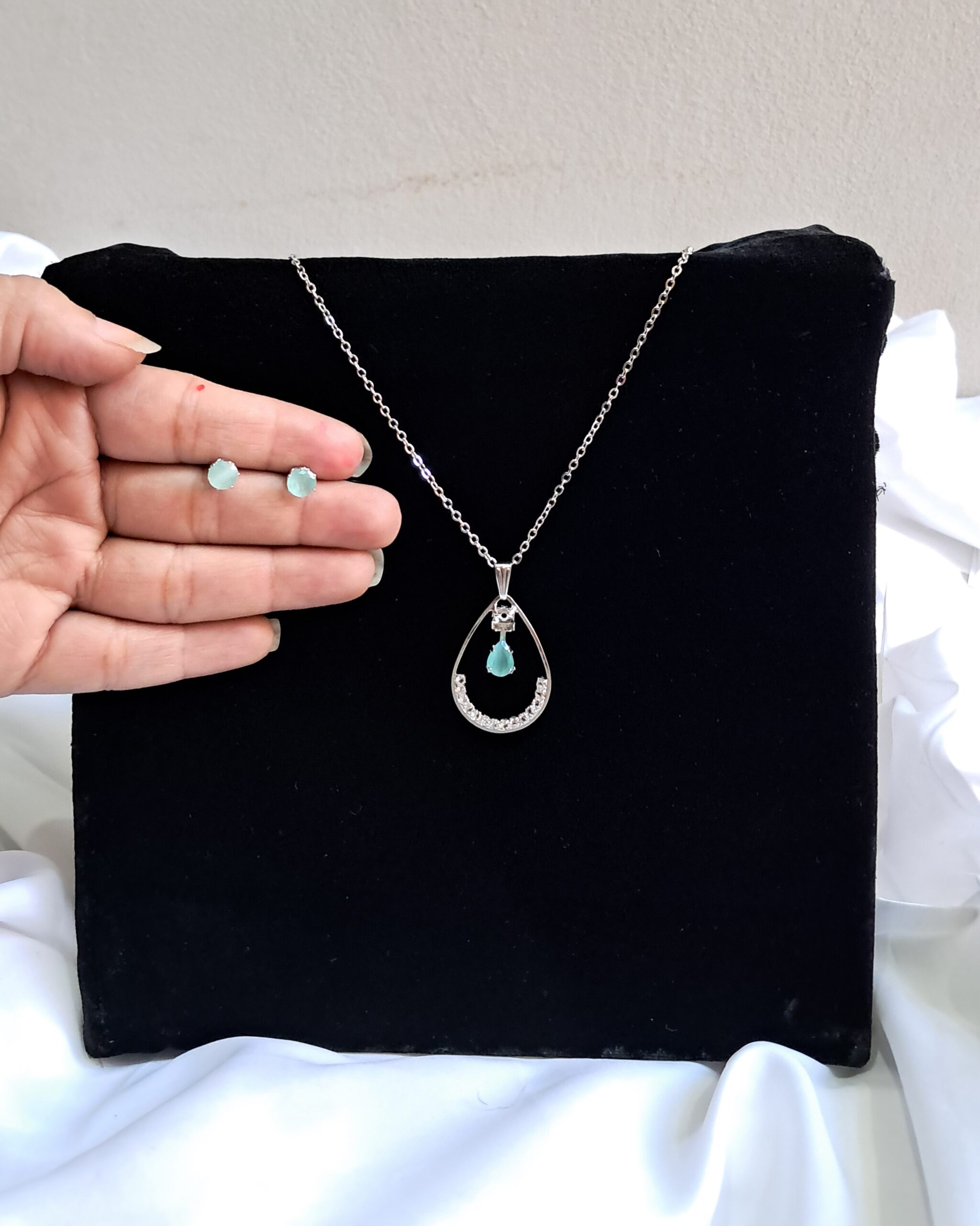 Sea Green Teardrop Silver Halo Set
