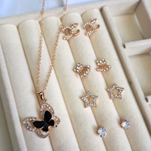 aRhinestone Butterfly Set(Necklace + 4 Pairs Earrings)🦋 